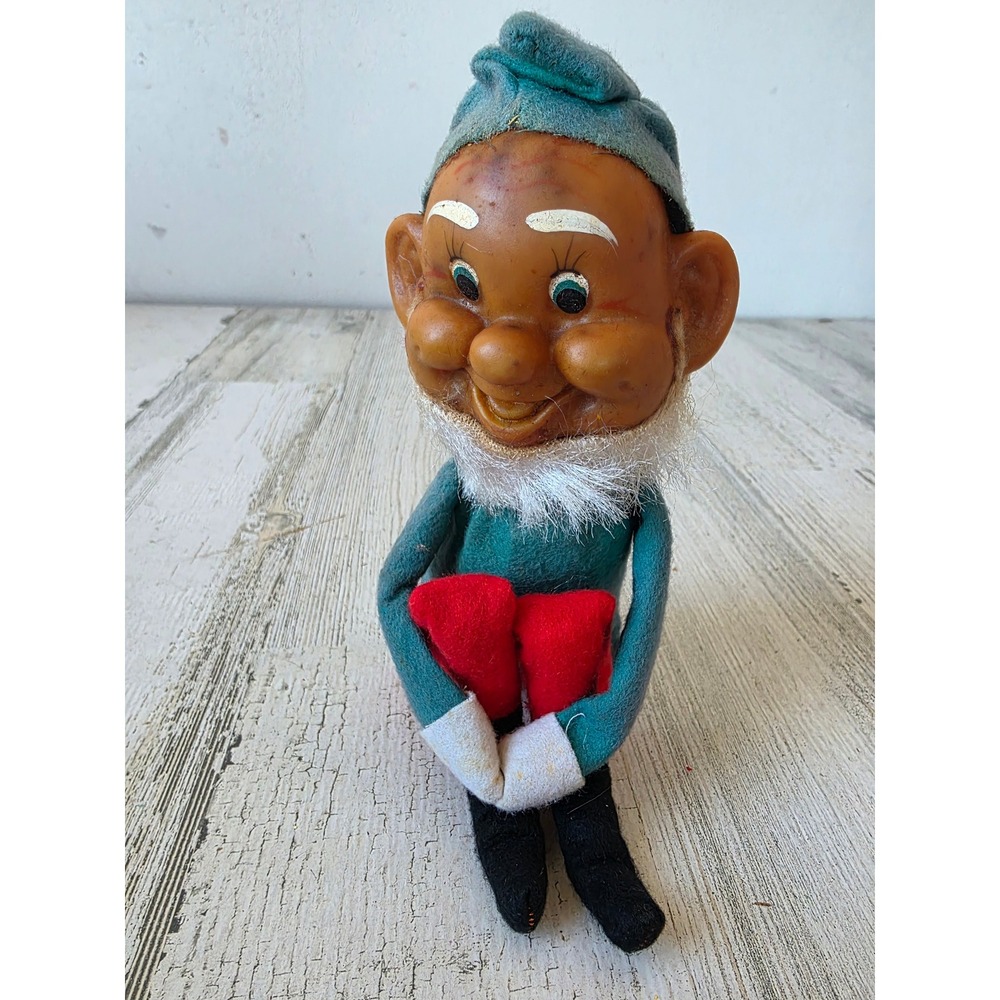 Antique vintage knee hugger felt elf plush decor Xmas figurine plush rubber face